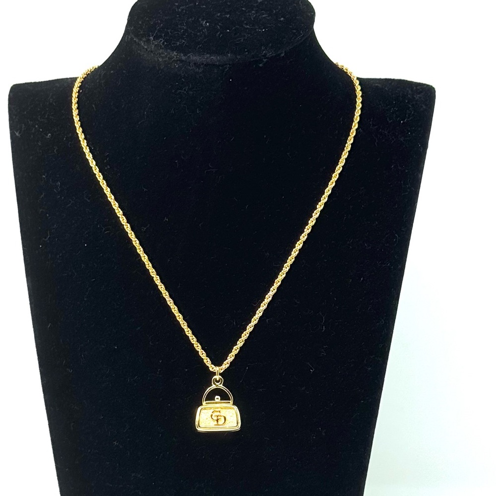 Authentic Dior CD Logo Bag Motif Gold Plated Vintage Necklace.